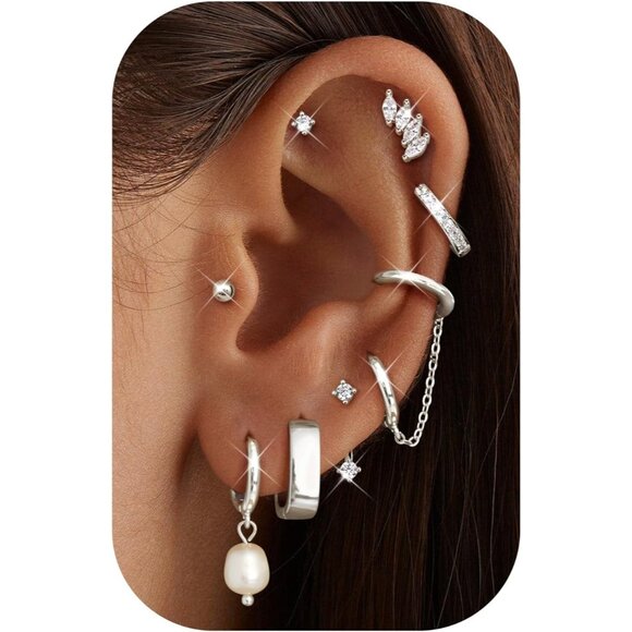 ⚡Gold Hoop Stud Chain Earrings Set for Women 14K Plated Hypoallergenic 8 Pairs - Picture 1 of 6